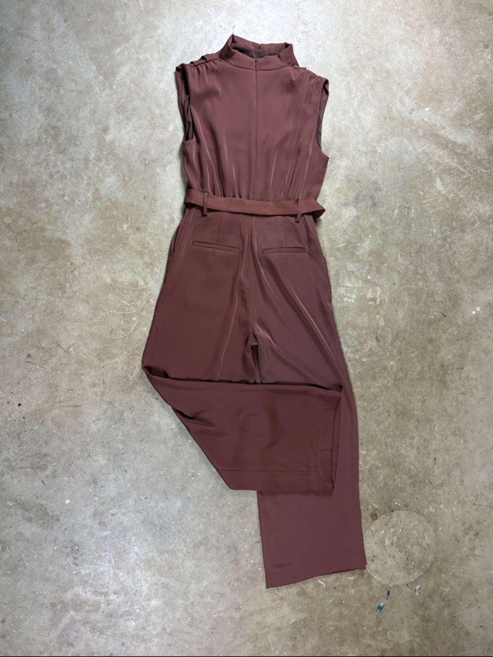 Simons Icone Sleeveless Belted Wide-Leg Jumpsuit in Warm Brown